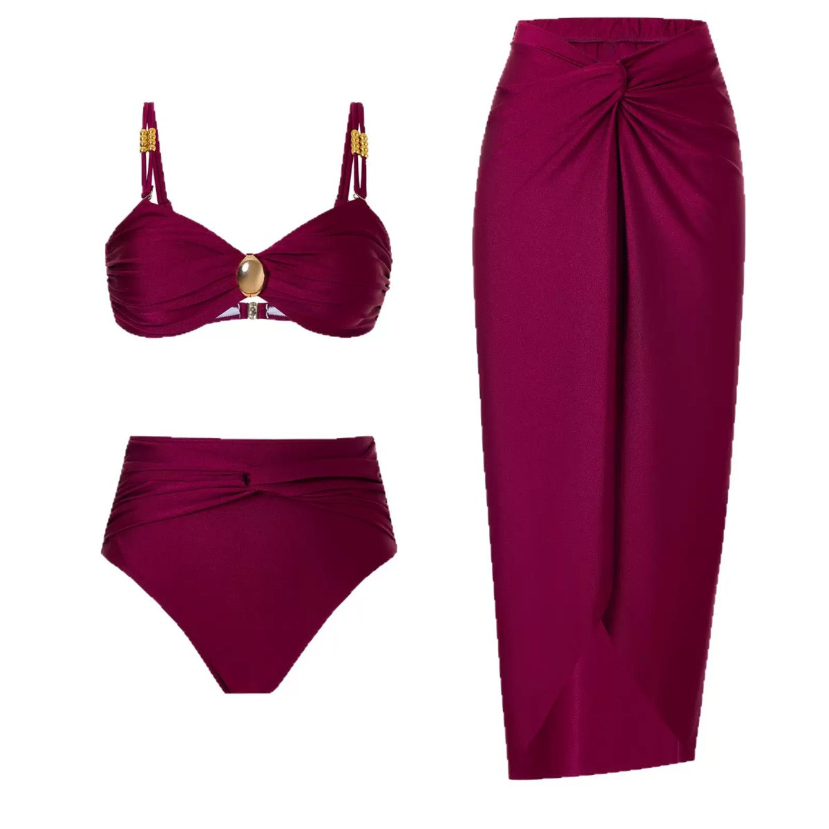 Two‑piece bikini top bottom with matching wrap skirt vacation set