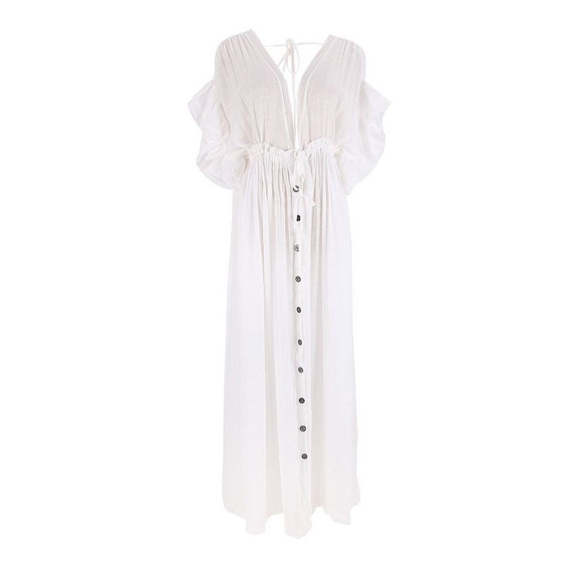 Button Front Tie Waist Bamboo Beach Maxi Kimono Cover-Up