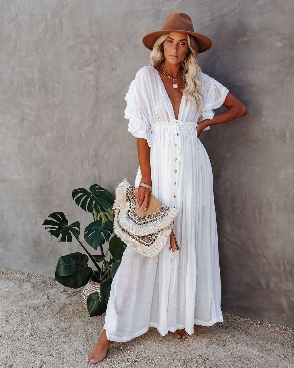 Button Front Tie Waist Bamboo Beach Maxi Kimono Cover-Up