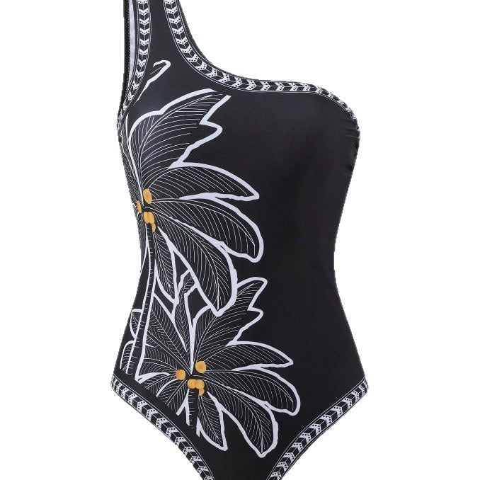 One-Shoulder Daisy Print Black One-Piece Swimsuit & Matching Sheer Sarong Set