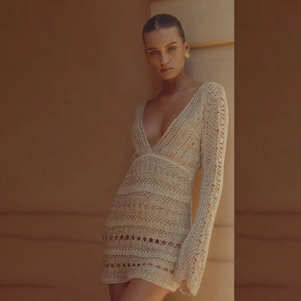 Open-Knit Crochet Deep V Long Sleeve Cover-Up Mini Dress