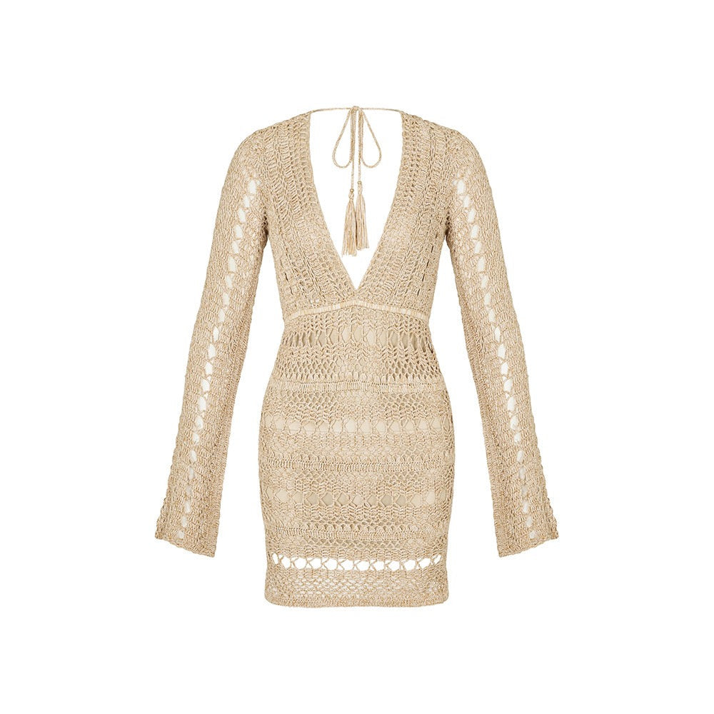 Open-Knit Crochet Deep V Long Sleeve Cover-Up Mini Dress