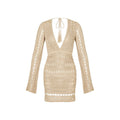 Open-Knit Crochet Deep V Long Sleeve Cover-Up Mini Dress