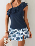 Ruffle One Shoulder Swim Dress Two Piece Set, Tropical Leaf Print Skort Swimwear