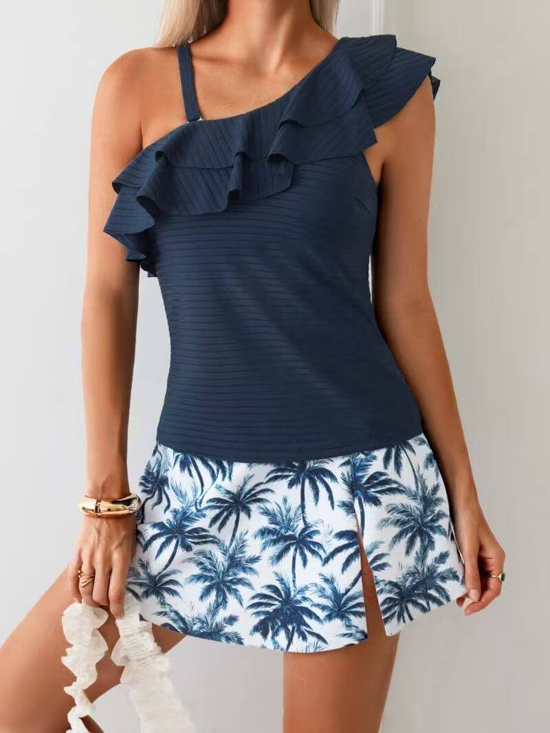 Ruffle One Shoulder Swim Dress Two Piece Set, Tropical Leaf Print Skort Swimwear