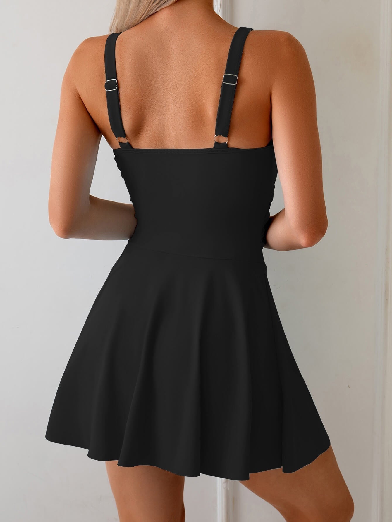 Square Neck Tummy Control Swim Dress One Piece Stretch Swimsuit