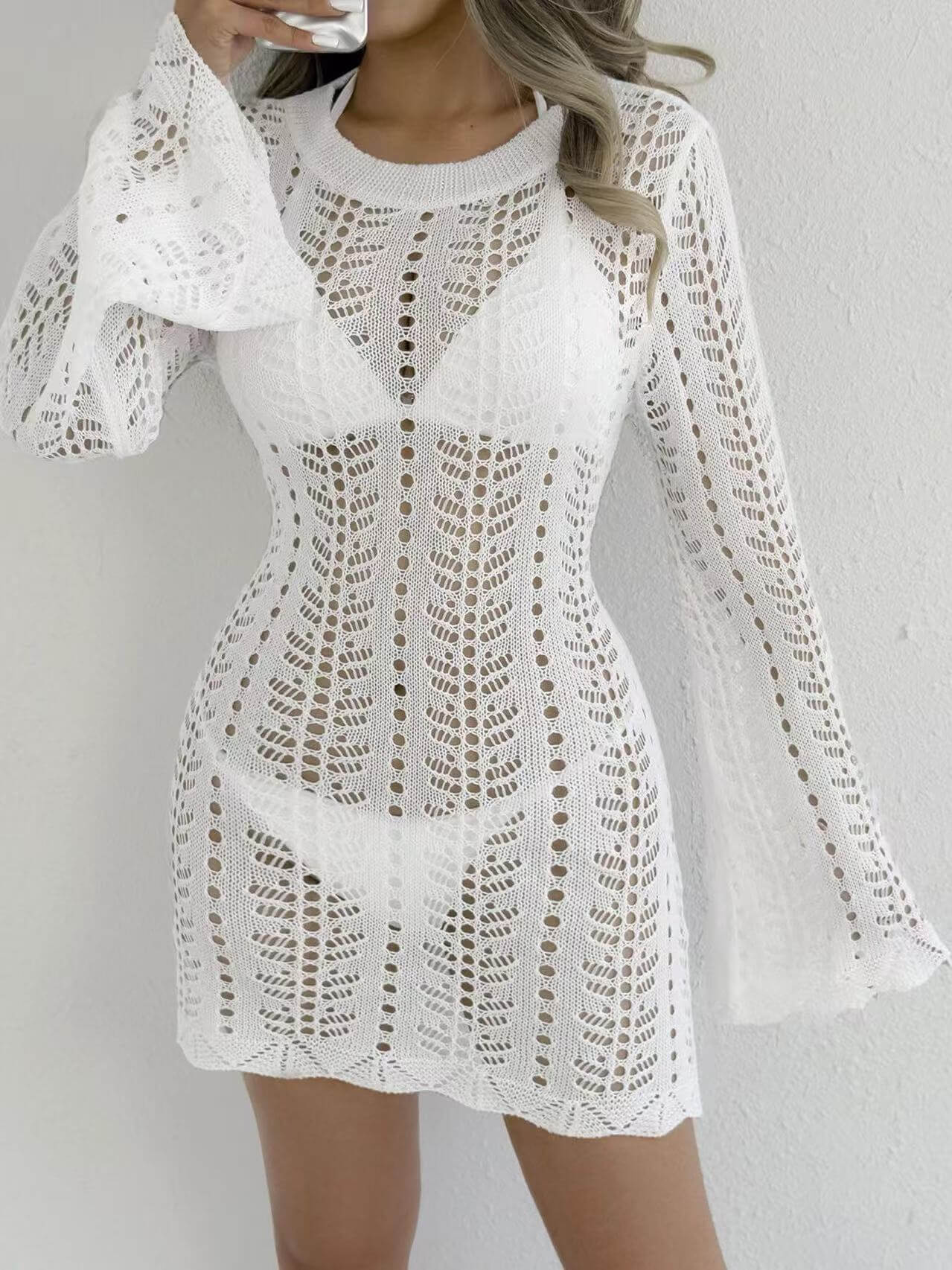 Crochet Knit Open Back Beach Cover-Up Dress