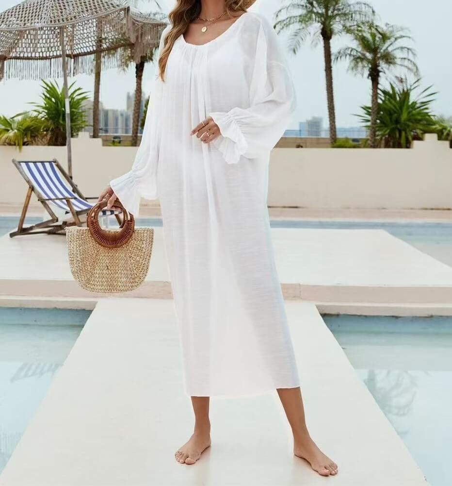 White Tie V-Back Long Sleeve Maxi Beach Cover Up, Loose Casual Swimwear Coverup