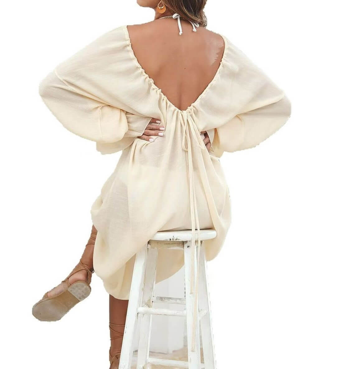 White Tie V-Back Long Sleeve Maxi Beach Cover Up, Loose Casual Swimwear Coverup