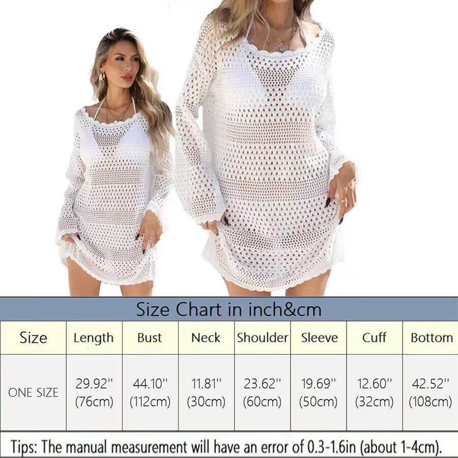 White Crochet Off Shoulder Long Sleeve Beach Cover Up Dress, Loose Hollow Swim Coverup
