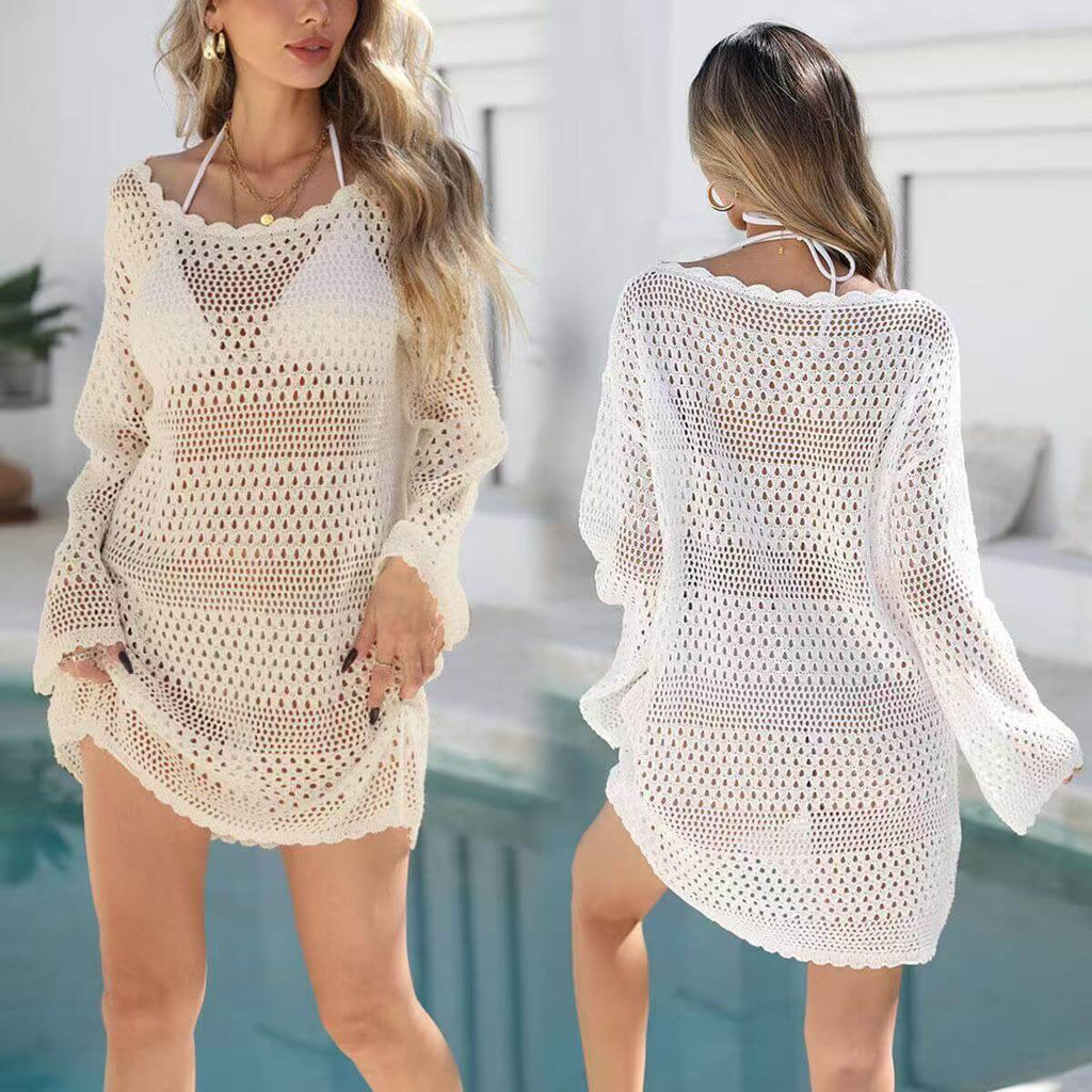 White Crochet Off Shoulder Long Sleeve Beach Cover Up Dress, Loose Hollow Swim Coverup