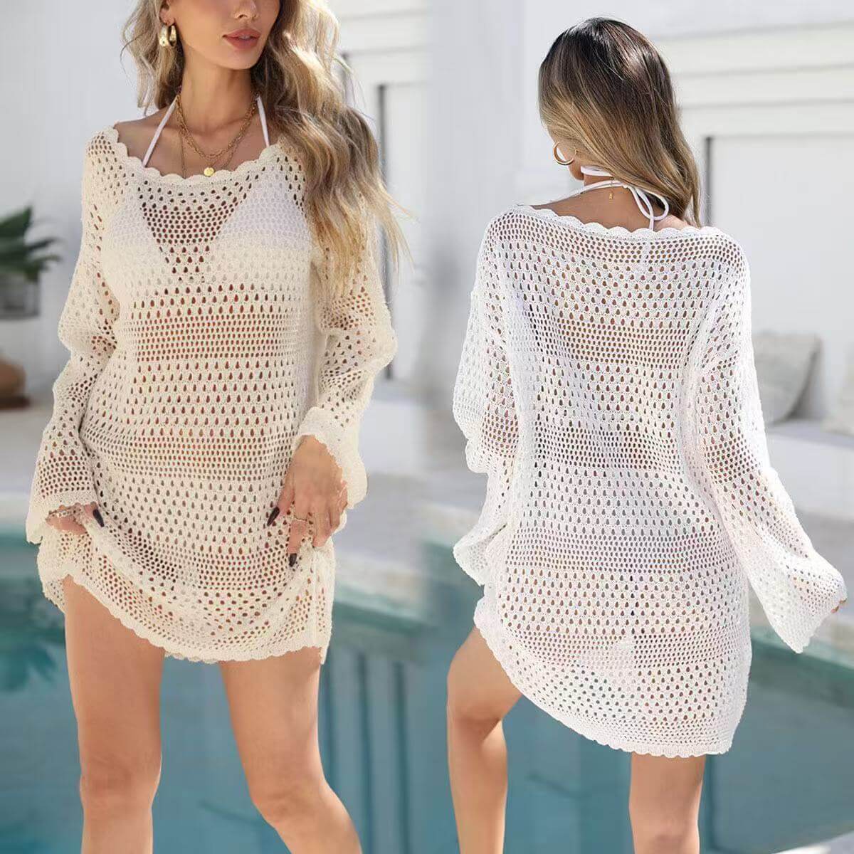 White Crochet Off Shoulder Long Sleeve Beach Cover Up Dress, Loose Hollow Swim Coverup