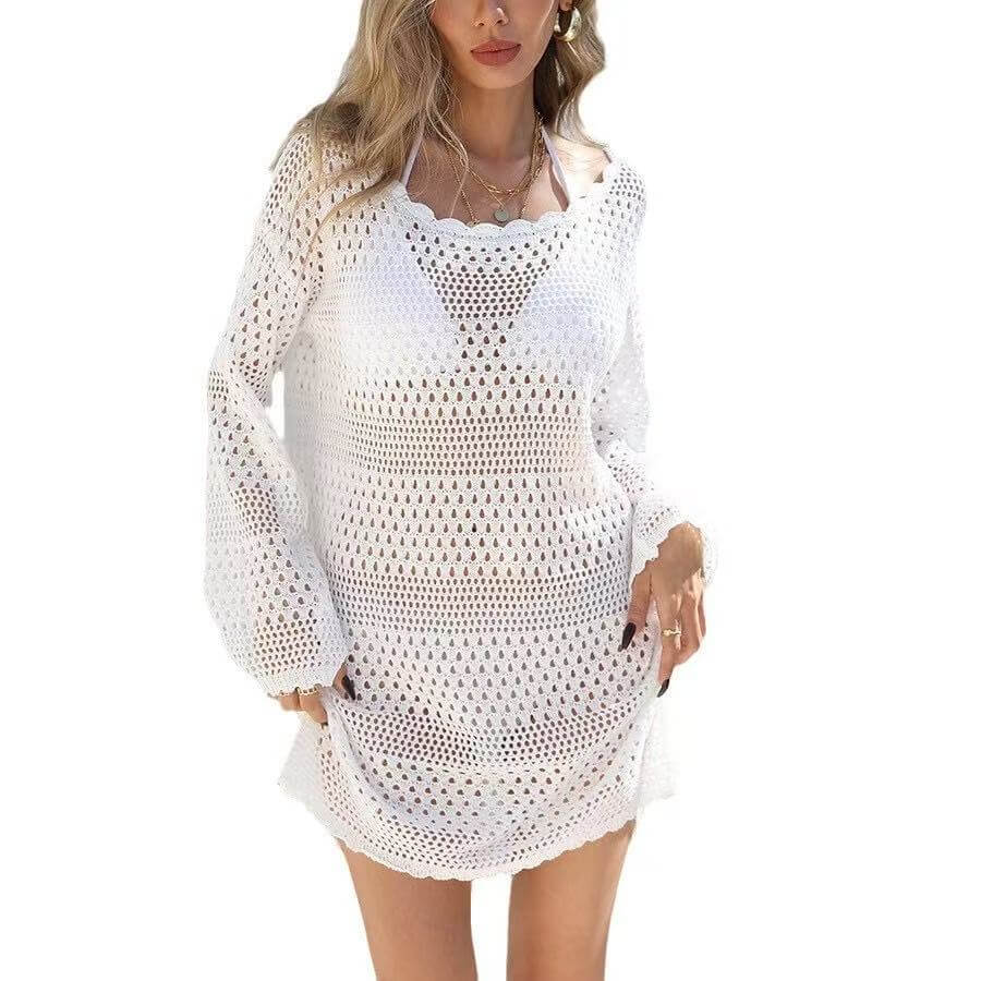 White Crochet Off Shoulder Long Sleeve Beach Cover Up Dress, Loose Hollow Swim Coverup