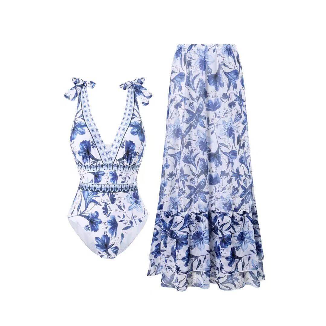 Floral Halter Deep V One-Piece Swimsuit & Matching Sarong Set