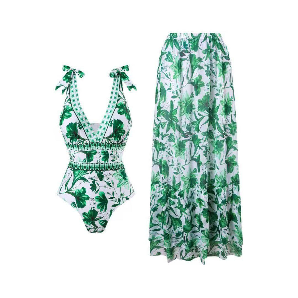 Floral Halter Deep V One-Piece Swimsuit & Matching Sarong Set
