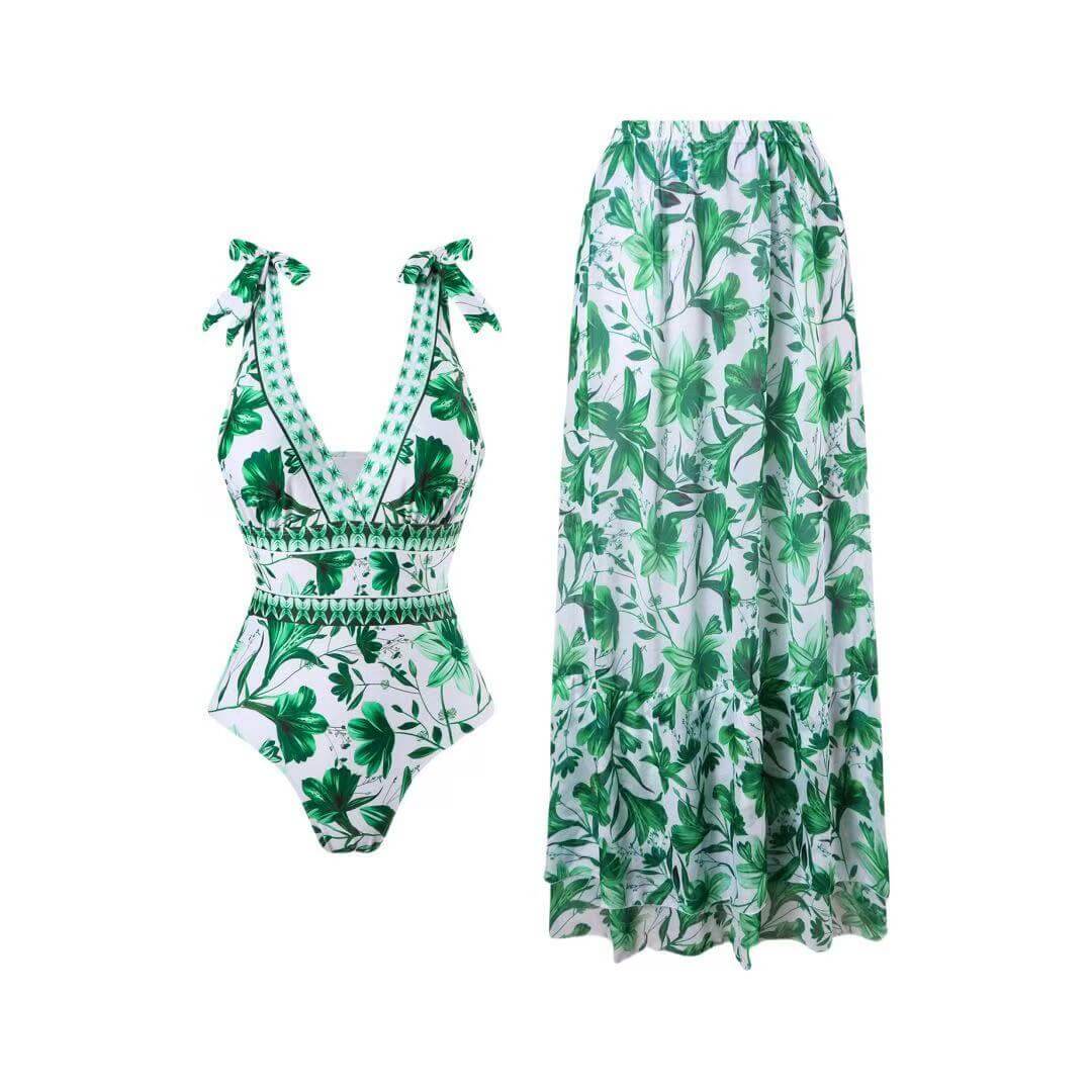 Floral Halter Deep V One-Piece Swimsuit & Matching Sarong Set