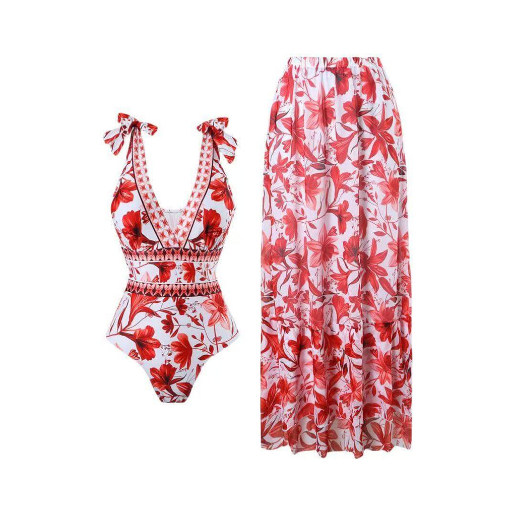 Floral Halter Deep V One-Piece Swimsuit & Matching Sarong Set