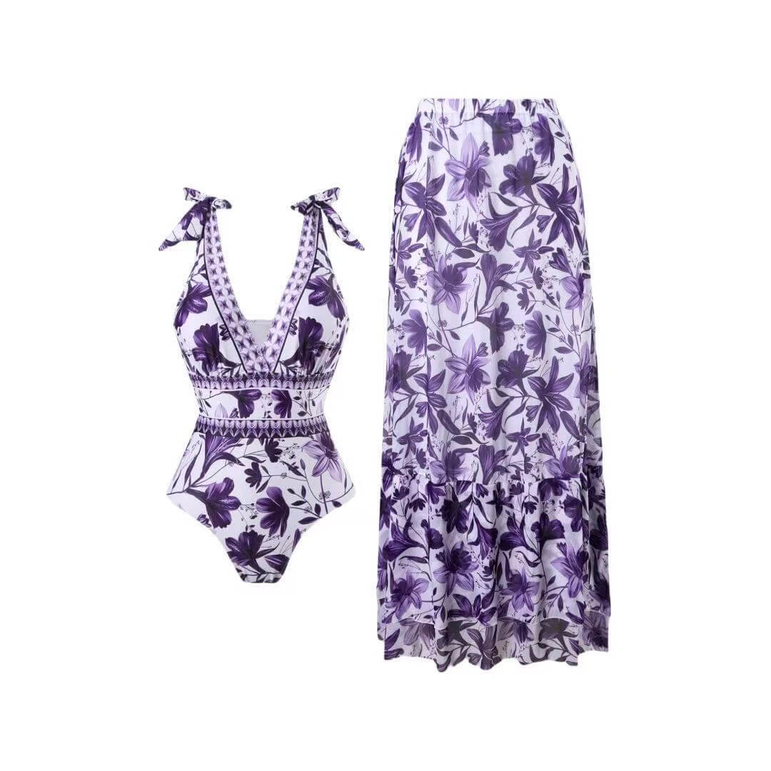 Floral Halter Deep V One-Piece Swimsuit & Matching Sarong Set