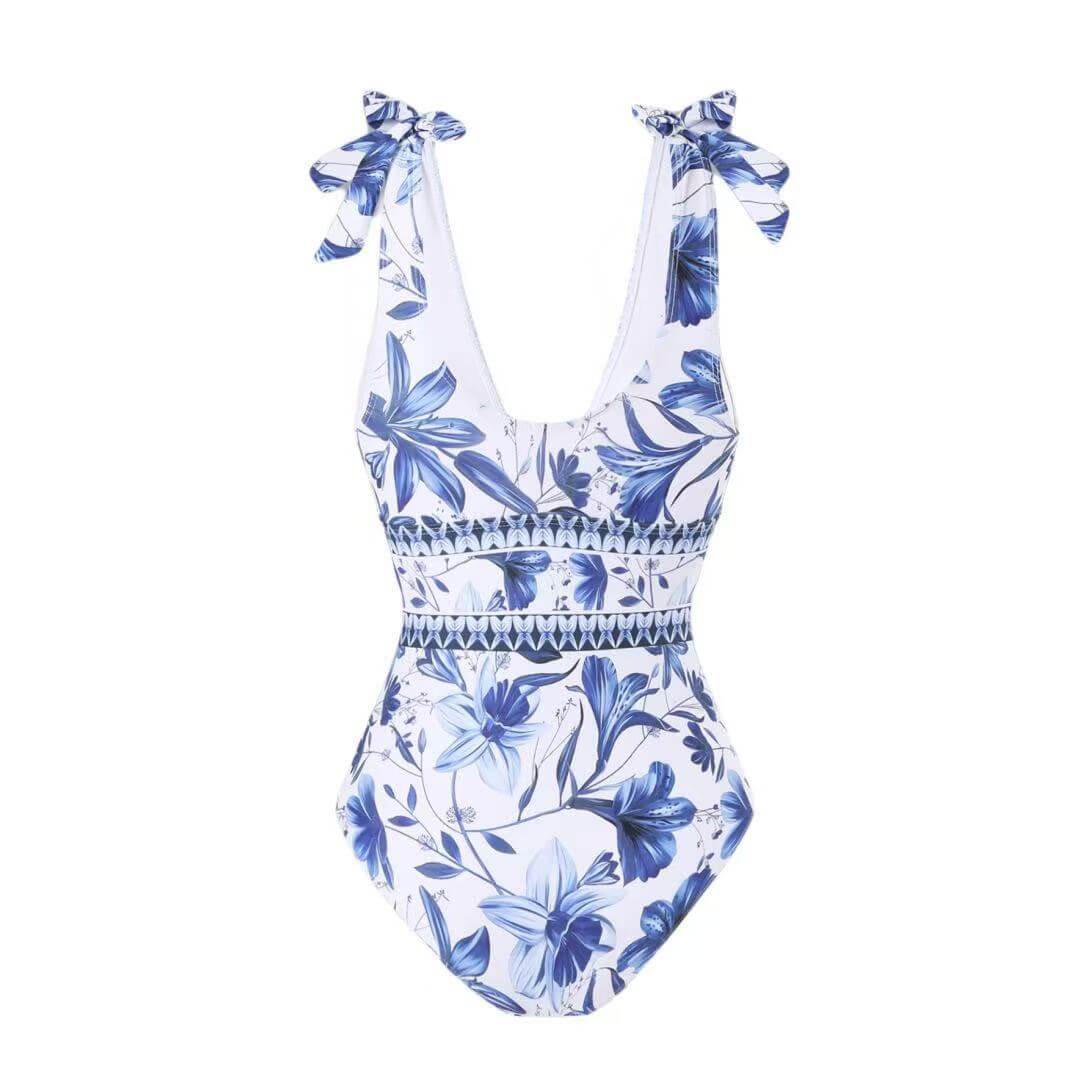Floral Halter Deep V One-Piece Swimsuit & Matching Sarong Set