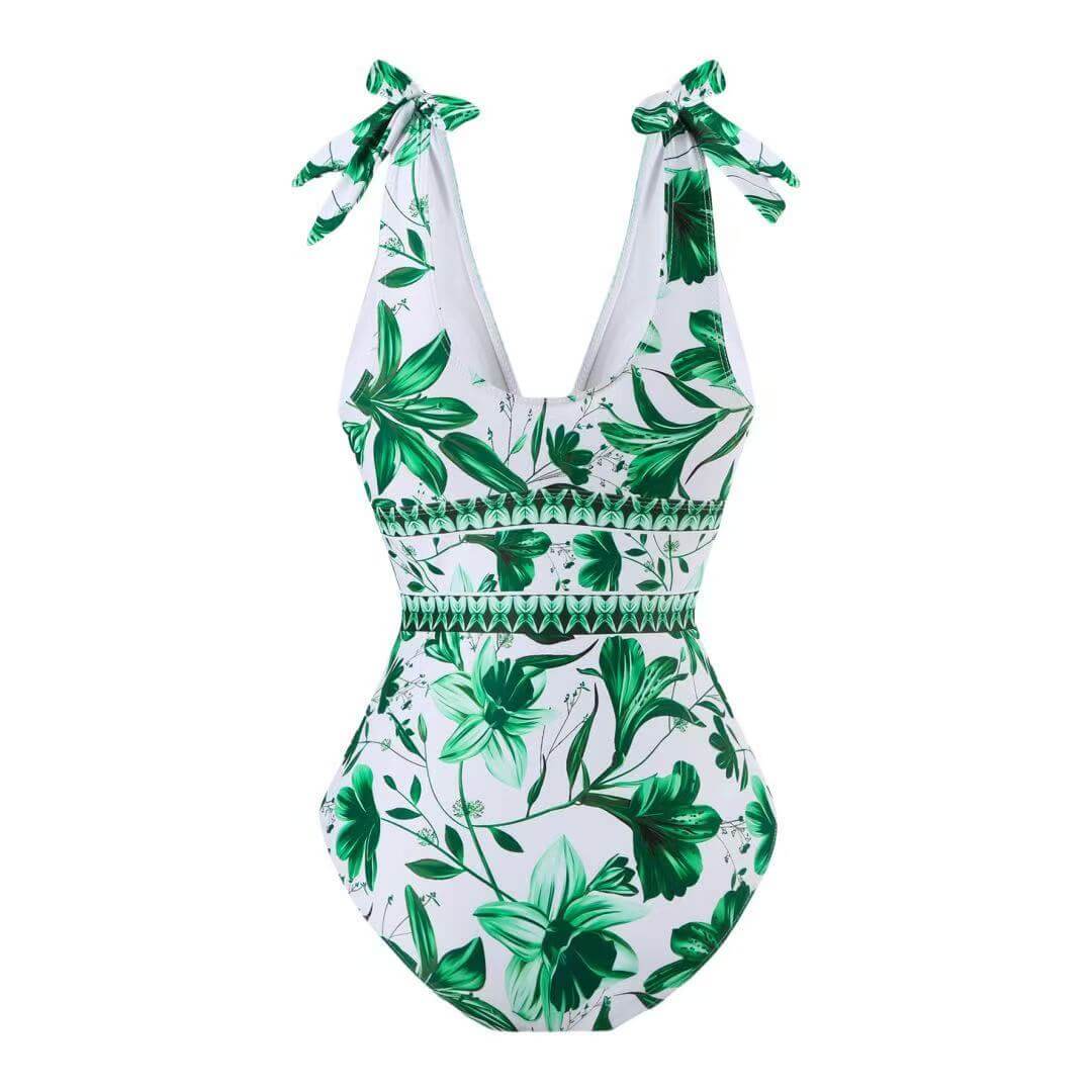 Floral Halter Deep V One-Piece Swimsuit & Matching Sarong Set