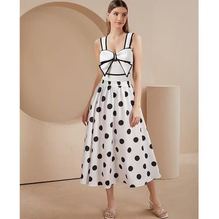 Vintage Polka Dot One Piece Swimsuit & Matching Sarong Skirt Set