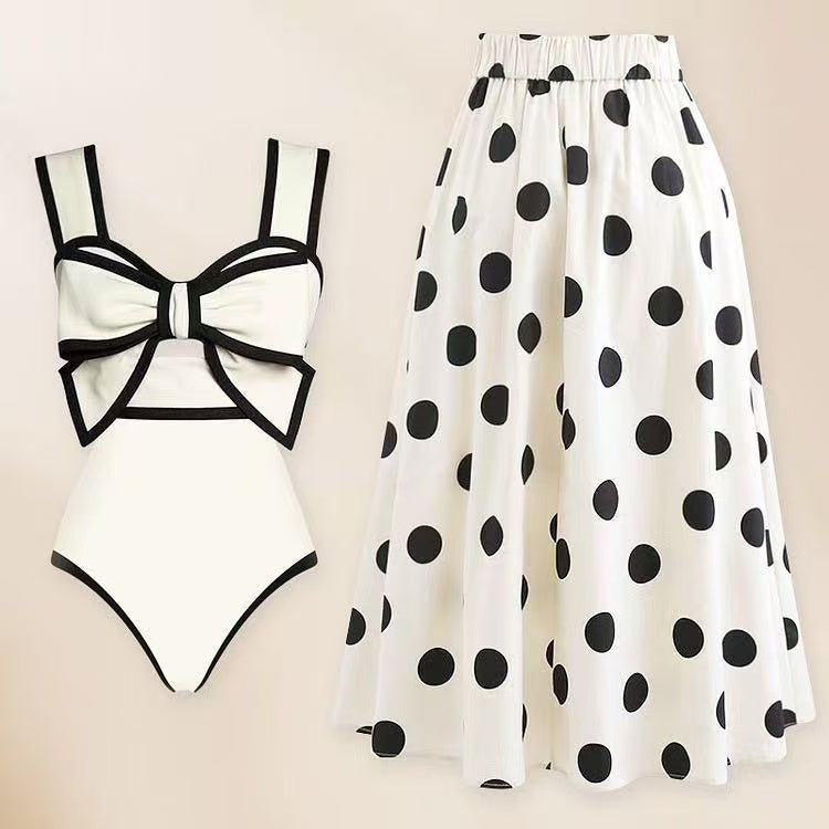 Vintage Polka Dot One Piece Swimsuit & Matching Sarong Skirt Set