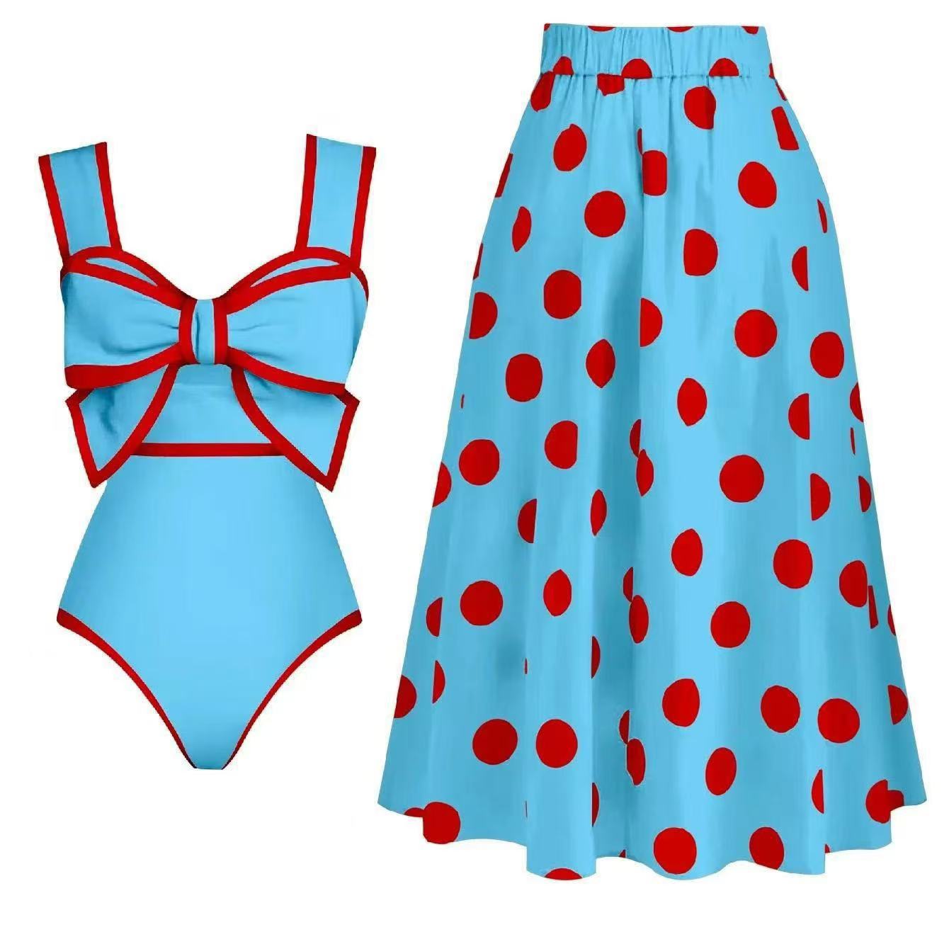 Vintage Polka Dot One Piece Swimsuit & Matching Sarong Skirt Set