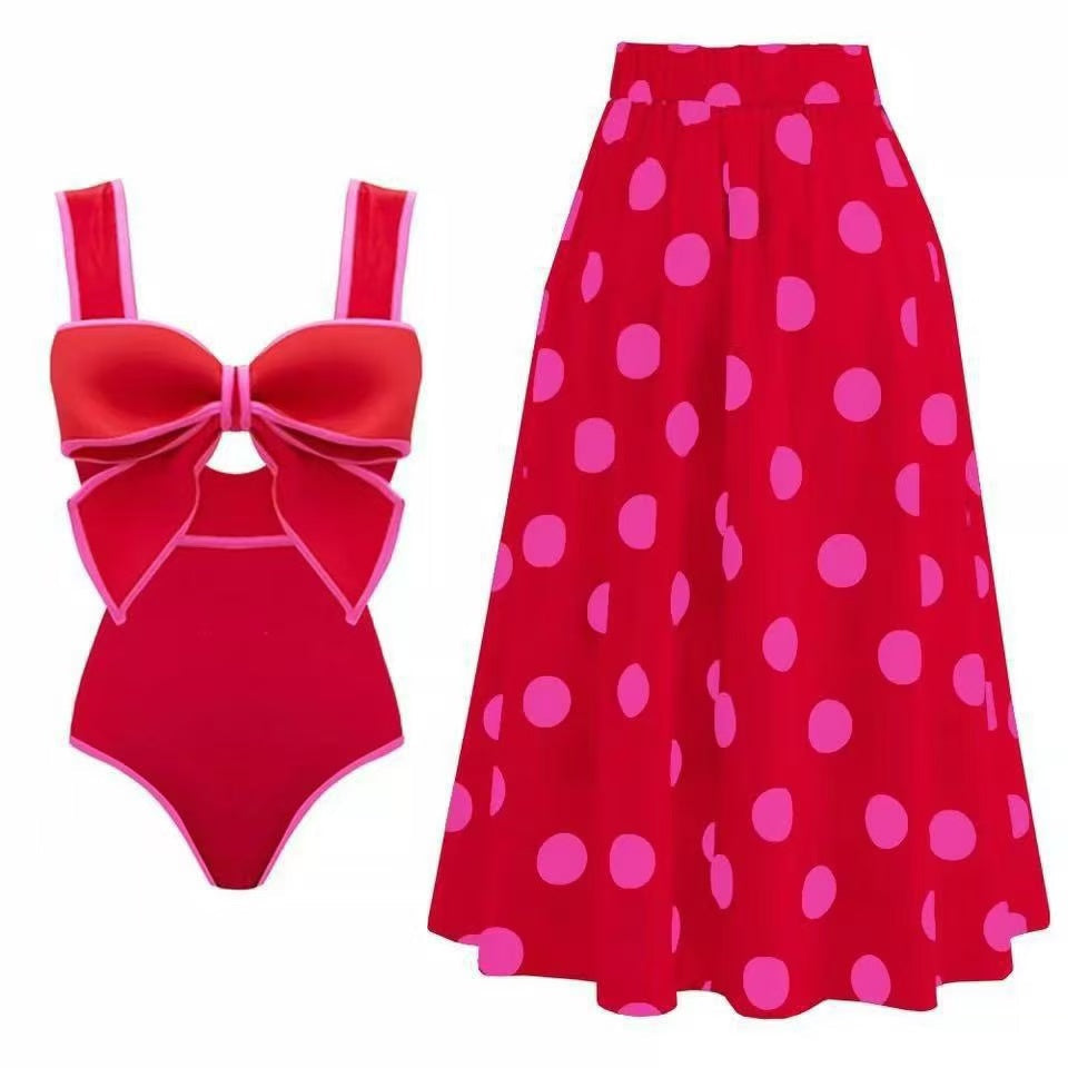Vintage Polka Dot One Piece Swimsuit & Matching Sarong Skirt Set