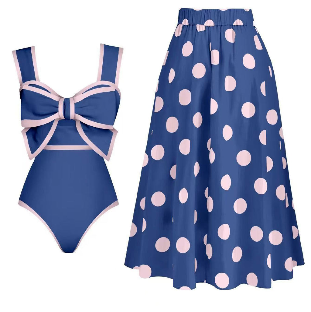 Vintage Polka Dot One Piece Swimsuit & Matching Sarong Skirt Set