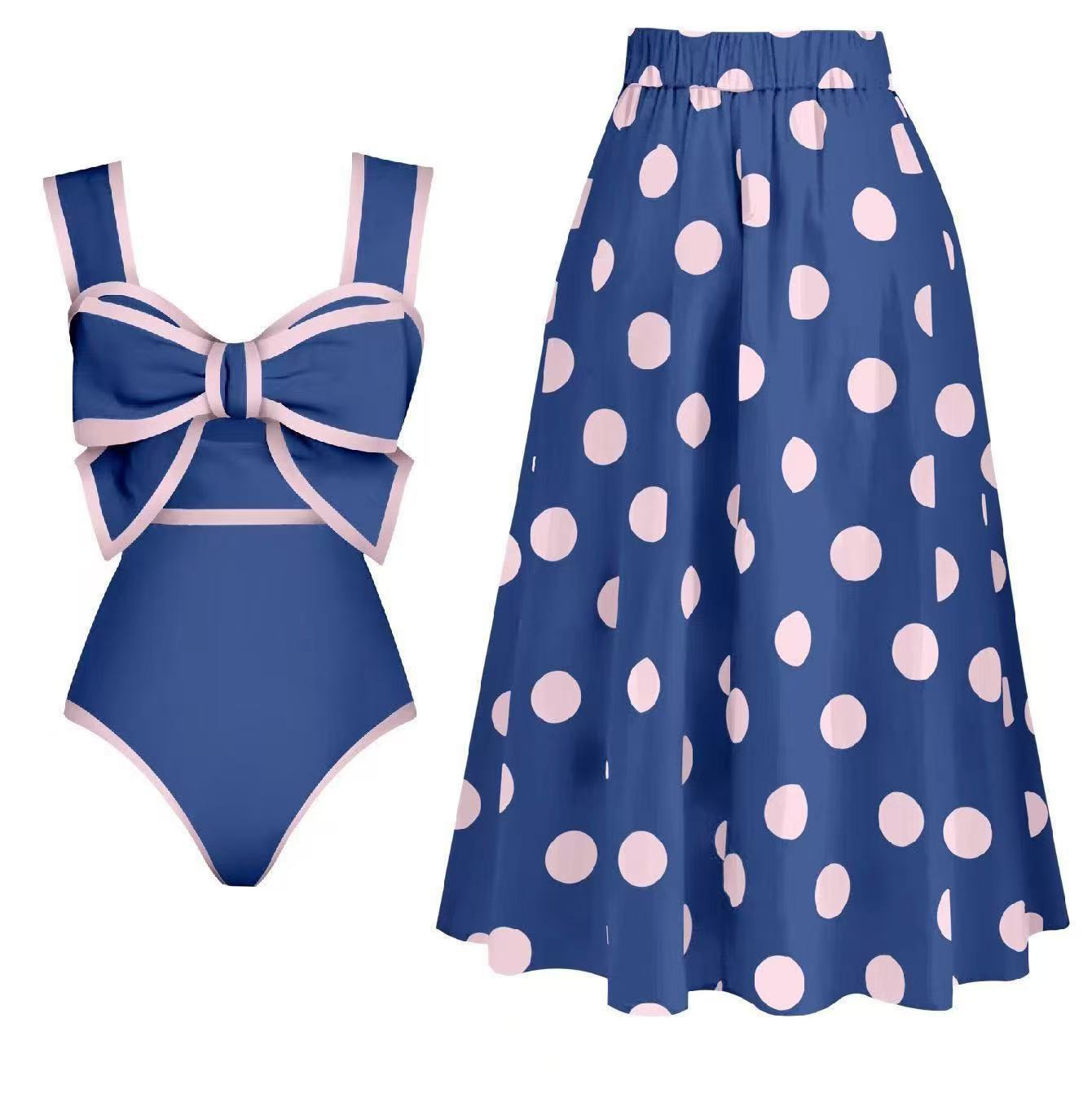 Vintage Polka Dot One Piece Swimsuit & Matching Sarong Skirt Set