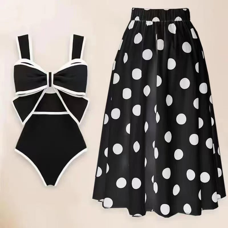 Vintage Polka Dot One Piece Swimsuit & Matching Sarong Skirt Set