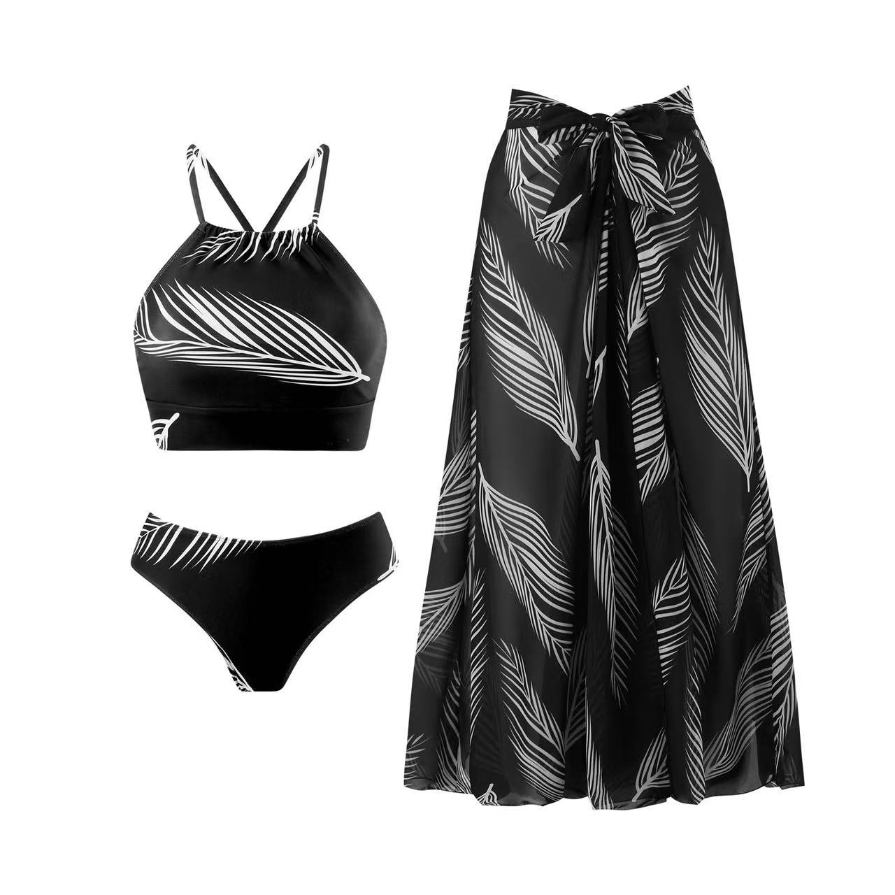 Leaf Print Halter Bikini & Matching Sarong Skirt Set