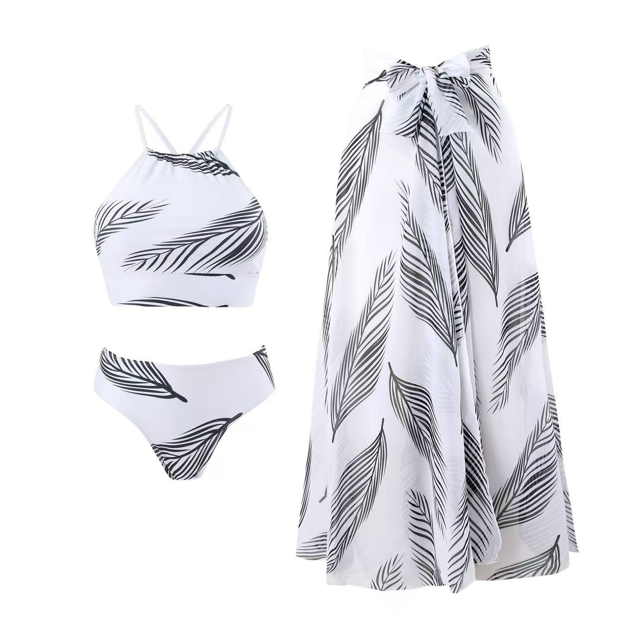 Leaf Print Halter Bikini & Matching Sarong Skirt Set