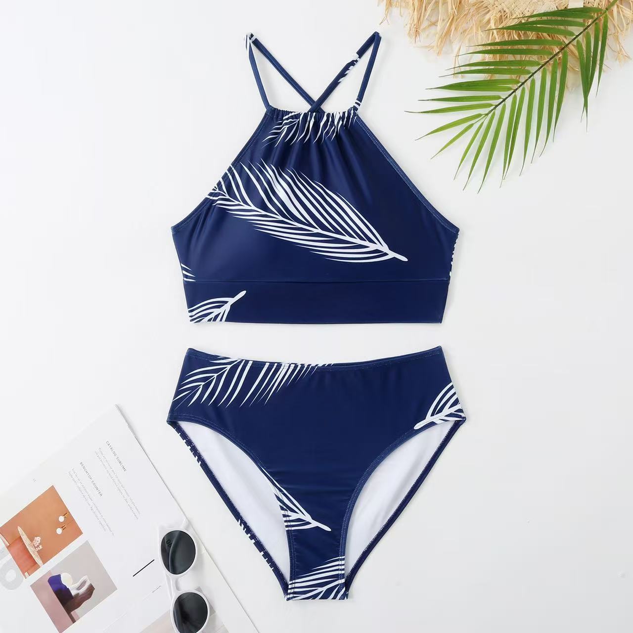 Leaf Print Halter Bikini & Matching Sarong Skirt Set