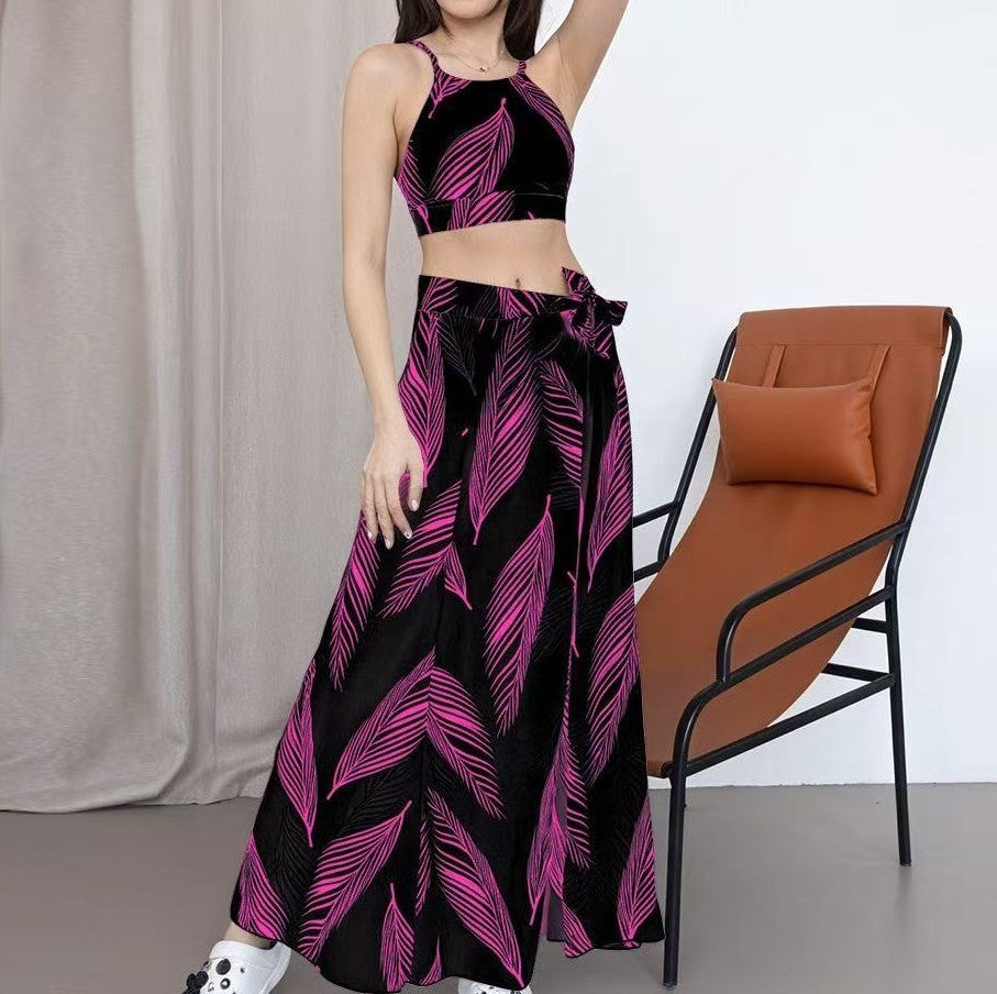 Leaf Print Halter Bikini & Matching Sarong Skirt Set