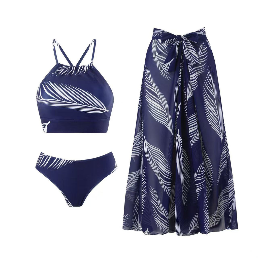 Leaf Print Halter Bikini & Matching Sarong Skirt Set