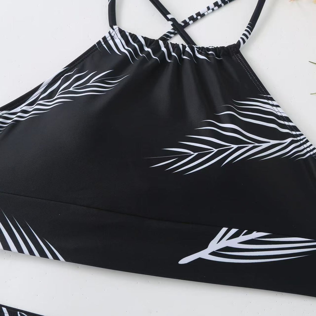 Leaf Print Halter Bikini & Matching Sarong Skirt Set