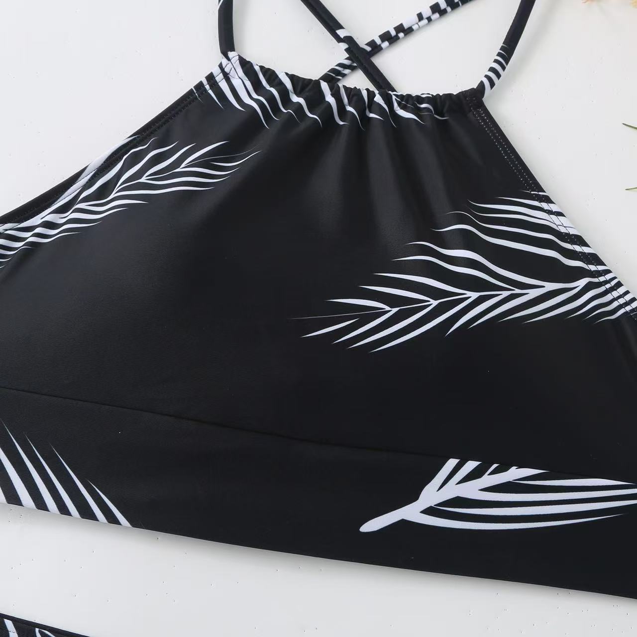 Leaf Print Halter Bikini & Matching Sarong Skirt Set