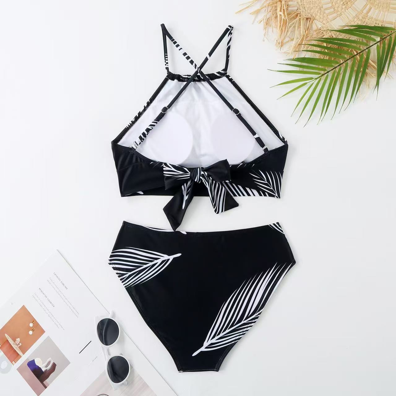 Leaf Print Halter Bikini & Matching Sarong Skirt Set