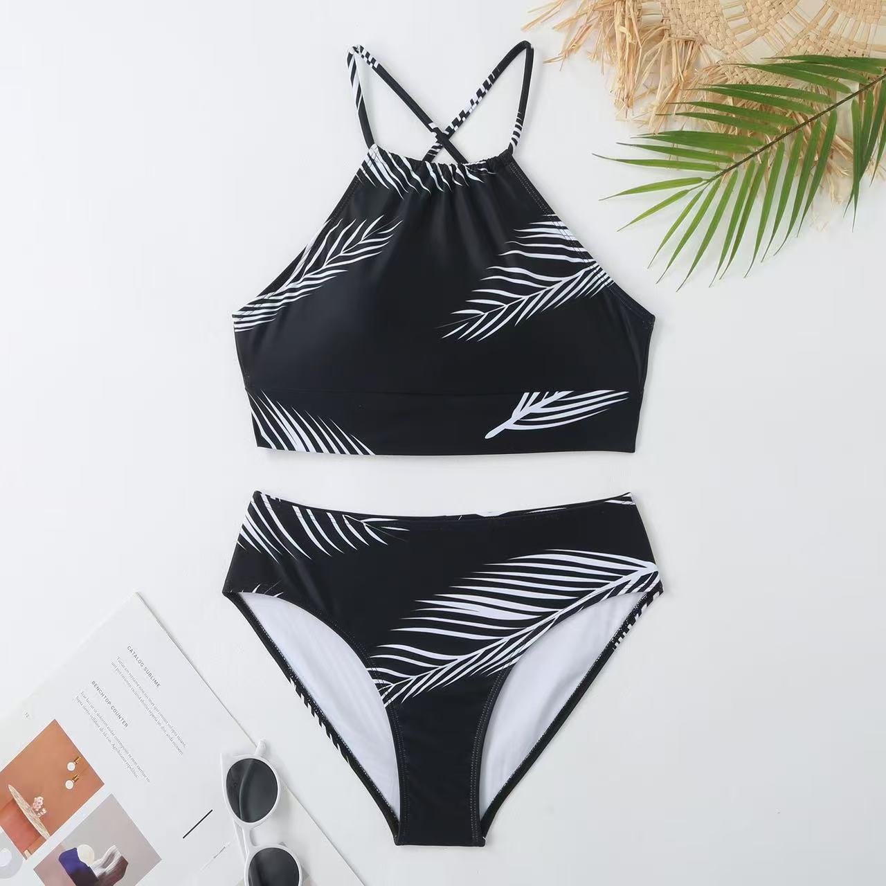 Leaf Print Halter Bikini & Matching Sarong Skirt Set