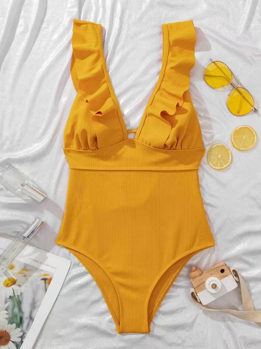 Ruffle Strap Deep V Lace-Up Back One Piece Swimsuit