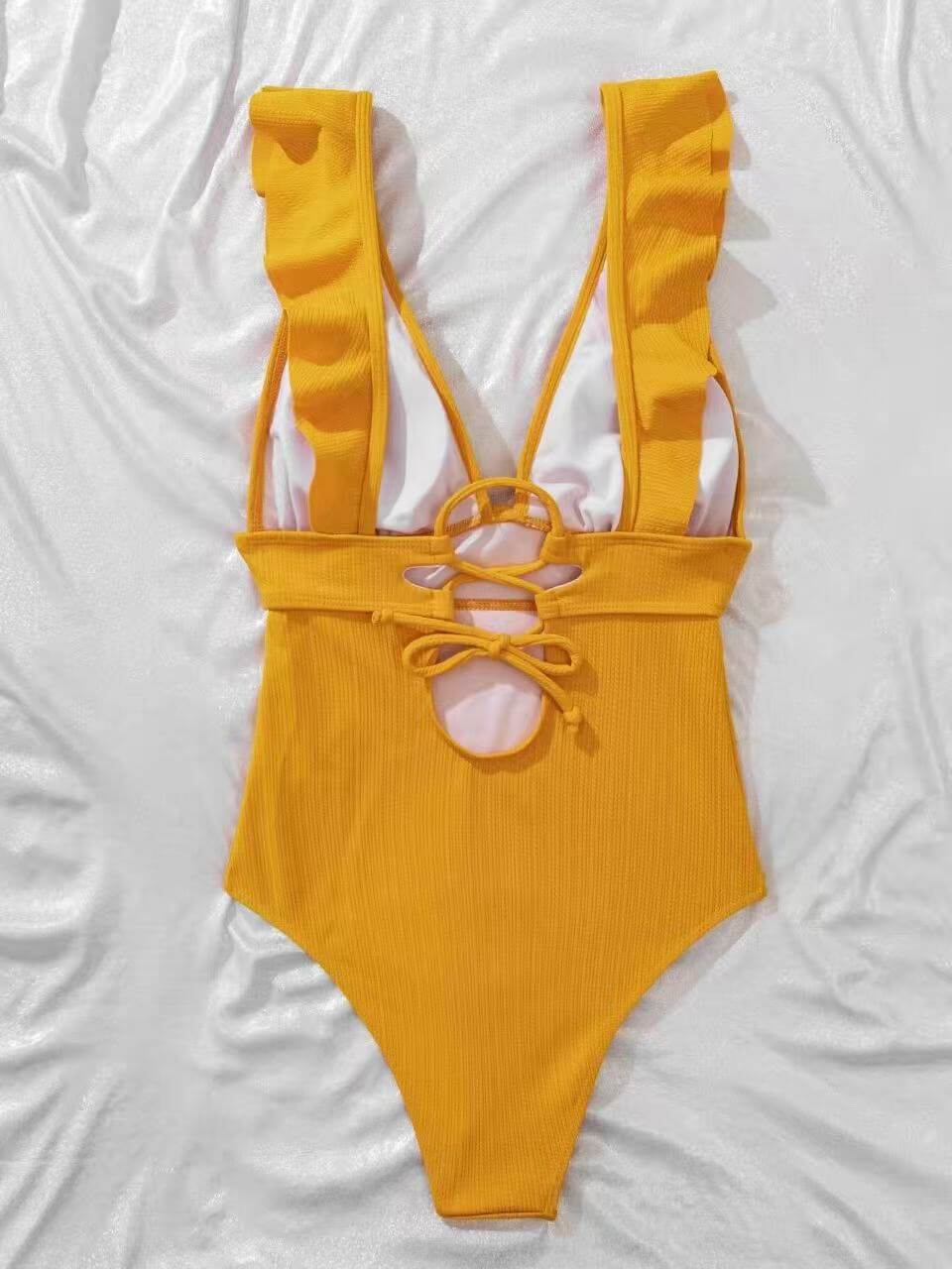 Ruffle Strap Deep V Lace-Up Back One Piece Swimsuit