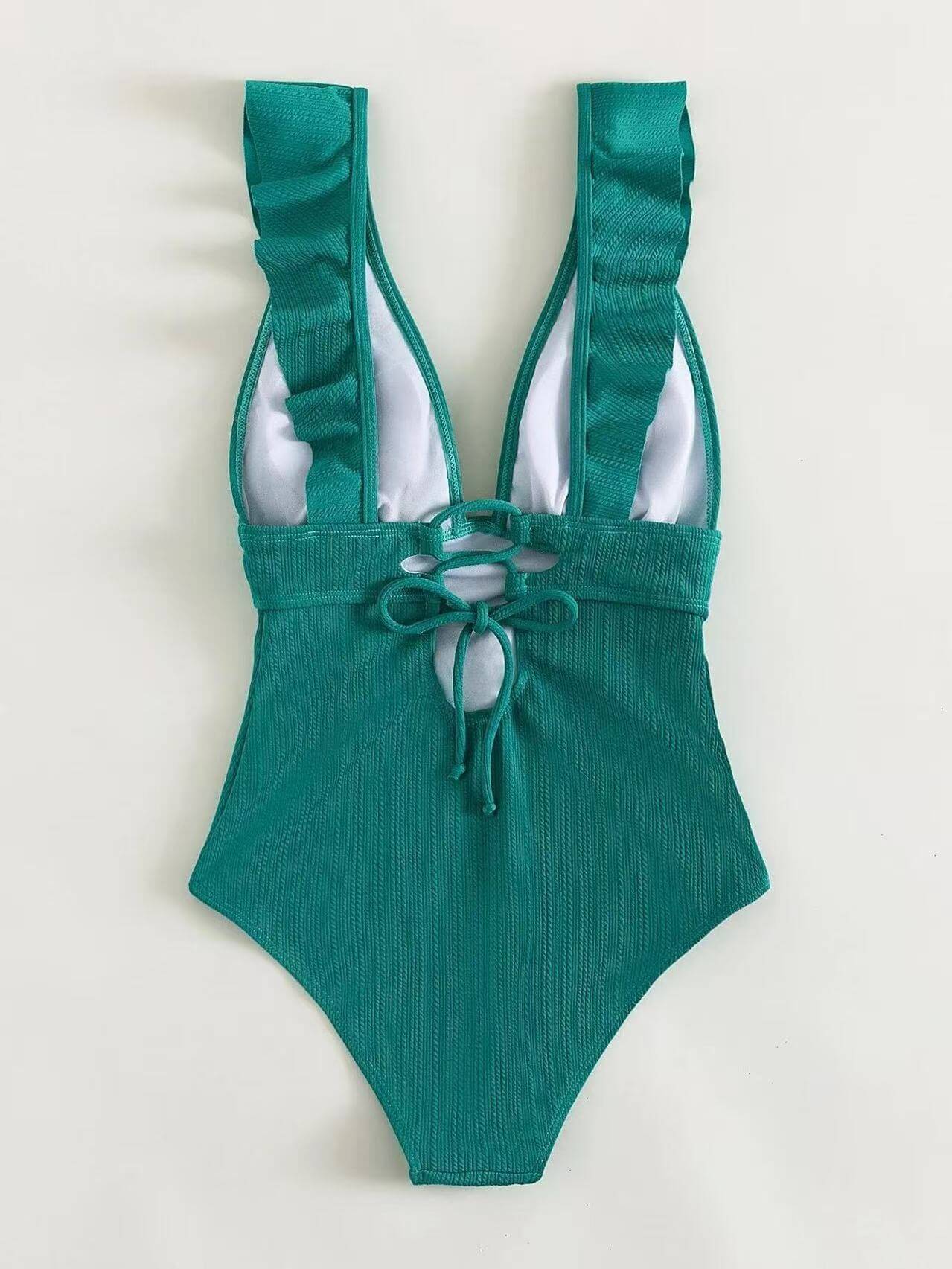 Ruffle Strap Deep V Lace-Up Back One Piece Swimsuit