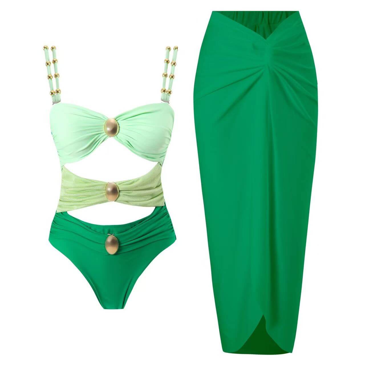 Color Block Cutout One-Piece Swimsuit & Draped Sarong Set