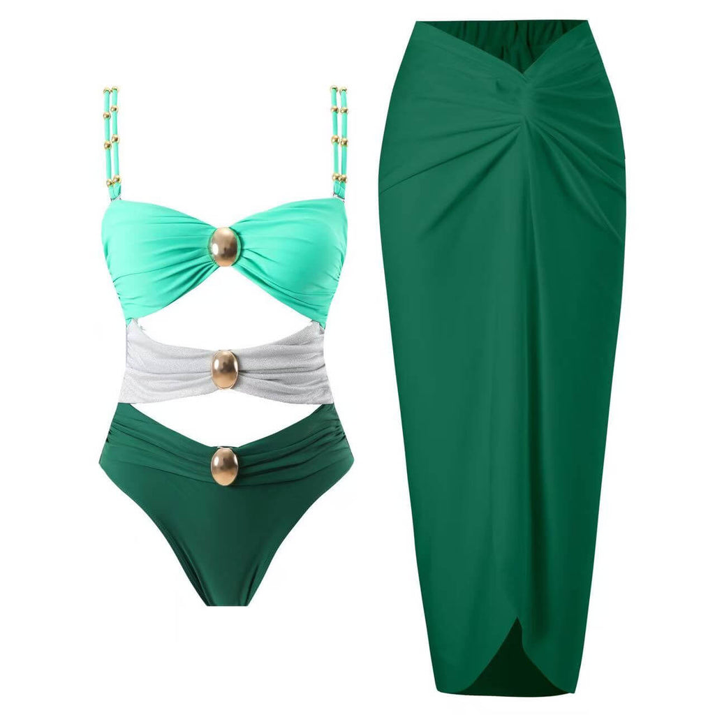 Color Block Cutout One-Piece Swimsuit & Draped Sarong Set