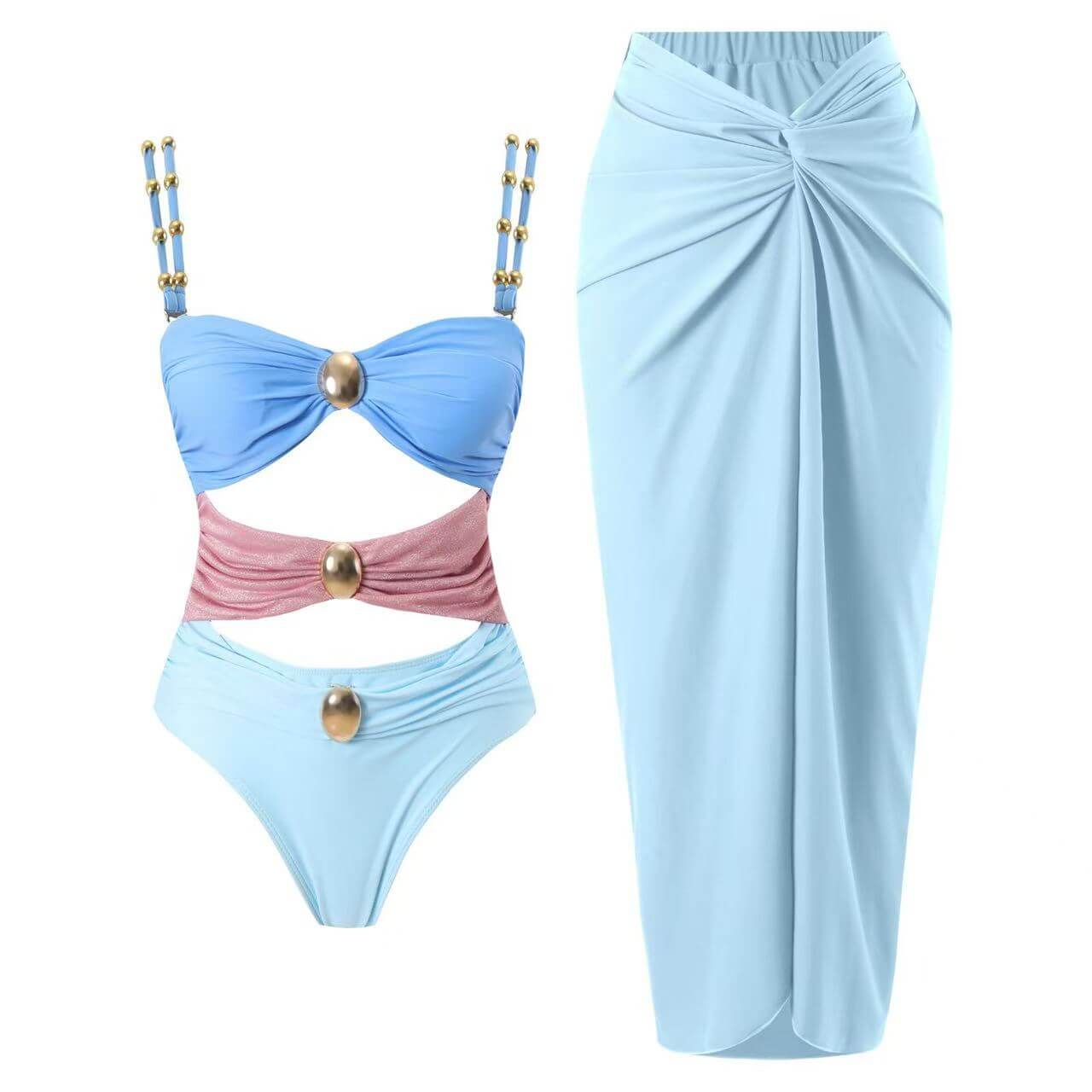 Color Block Cutout One-Piece Swimsuit & Draped Sarong Set