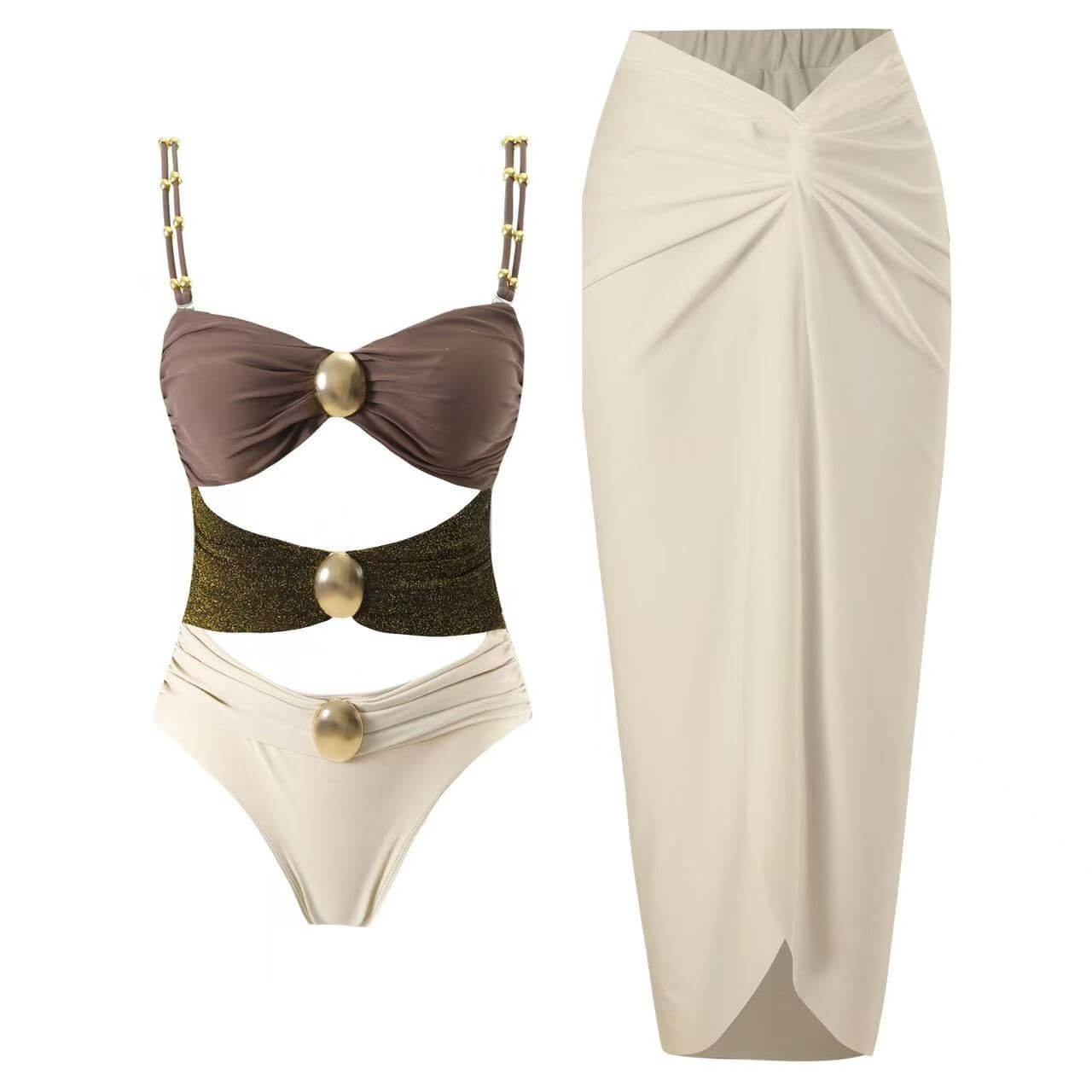 Color Block Cutout One-Piece Swimsuit & Draped Sarong Set