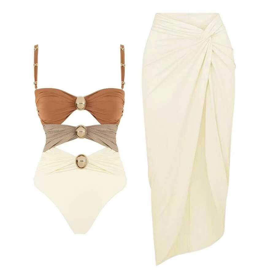 Color Block Cutout One-Piece Swimsuit & Draped Sarong Set