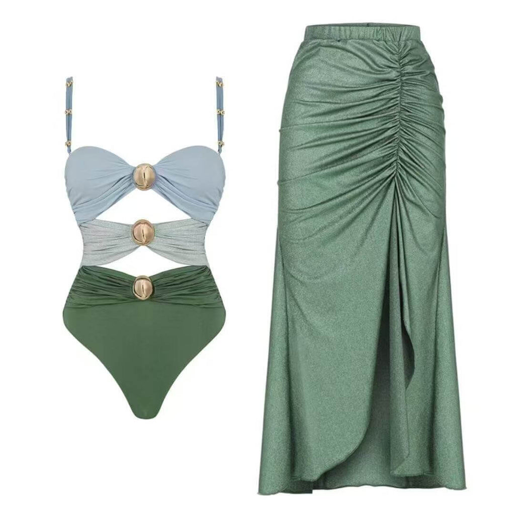 Color Block Cutout One-Piece Swimsuit & Draped Sarong Set