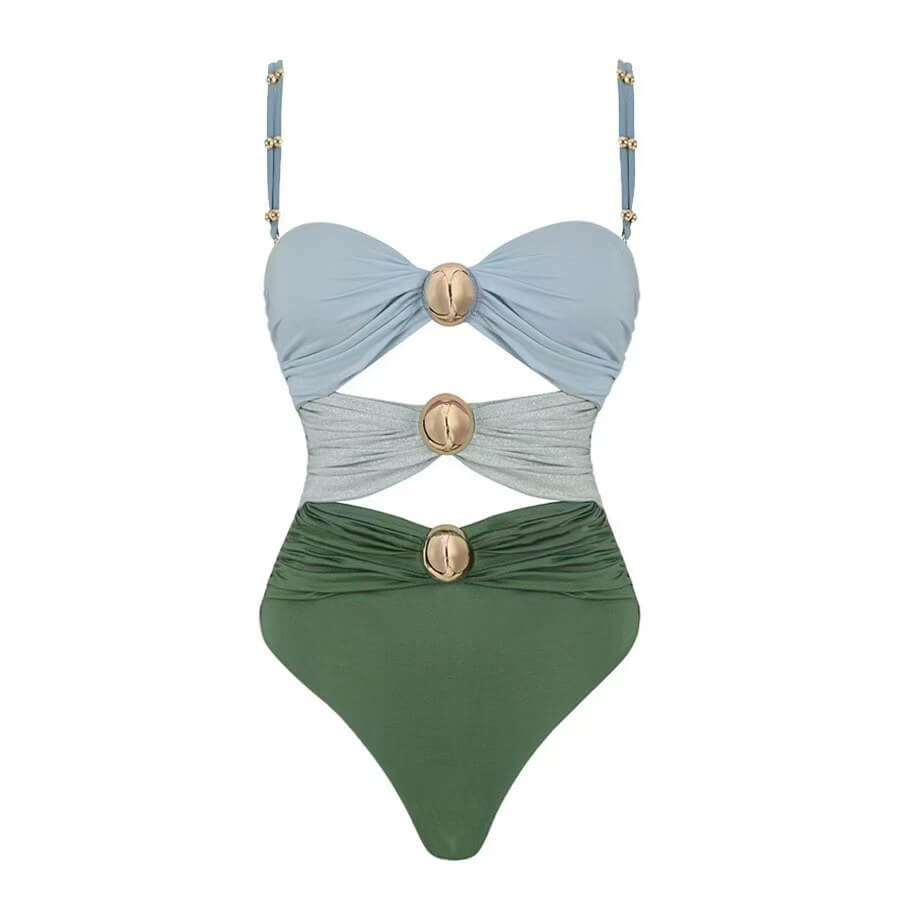 Color Block Cutout One-Piece Swimsuit & Draped Sarong Set